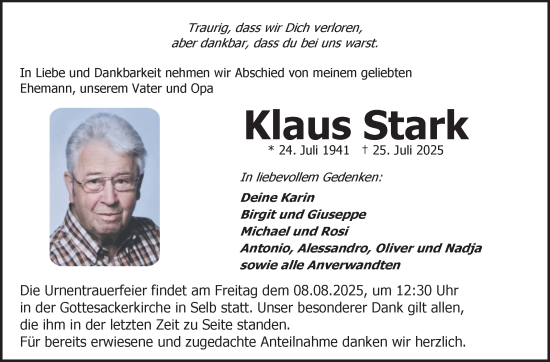 Traueranzeige von Klaus Stark von Frankenpost