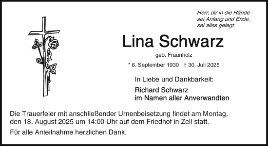 Traueranzeige von Lina Schwarz von Frankenpost