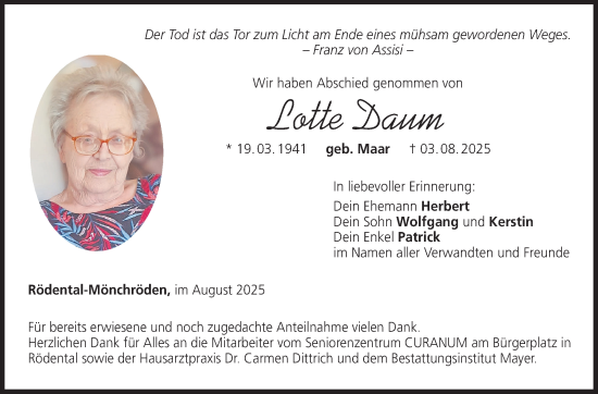 Traueranzeige von Lotte Daum von Neue Presse Coburg