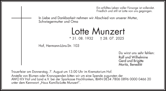Traueranzeige von Lotte Munzert von Frankenpost