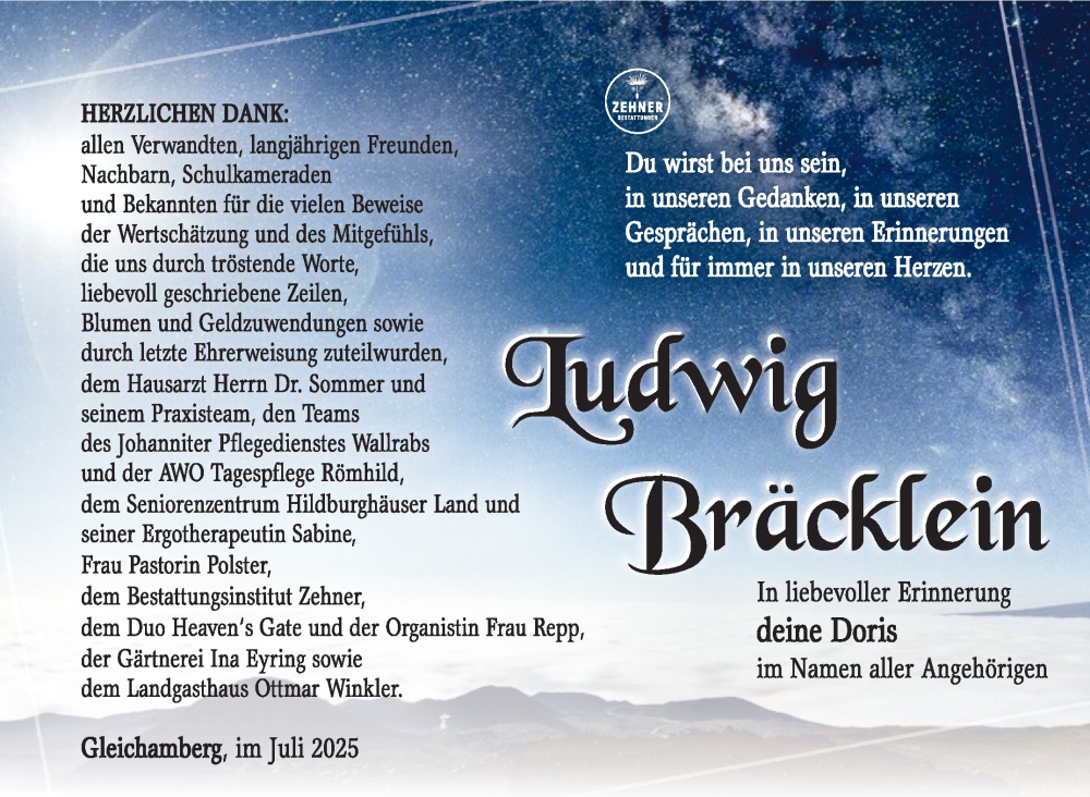  Traueranzeige für Ludwig Bräcklein vom 23.08.2025 aus Südthüringer Presse