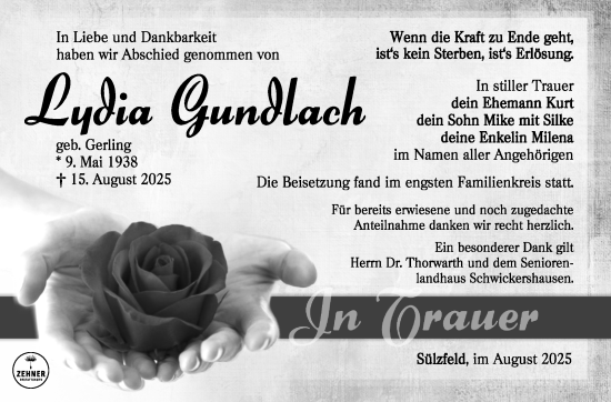 Traueranzeige von Lydia Gundlach von Südthüringer Presse