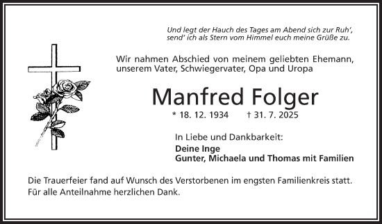 Traueranzeige von Manfred Folger von Frankenpost