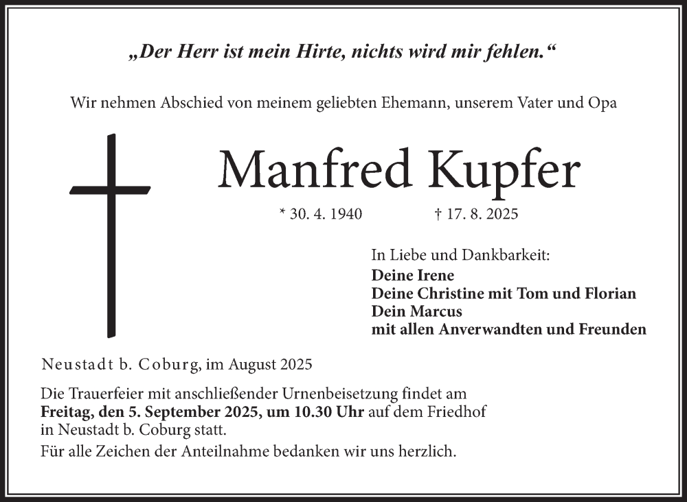  Traueranzeige für Manfred Kupfer vom 30.08.2025 aus Neue Presse Coburg