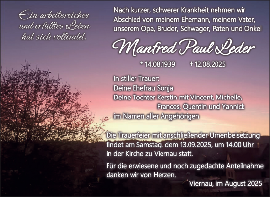 Traueranzeige von Manfred Leder von Südthüringer Presse