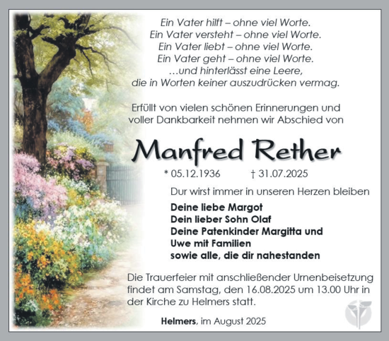 Traueranzeige von Manfred Rether von Südthüringer Presse