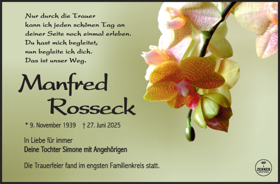 Traueranzeige von Manfred Rosseck von Südthüringer Presse