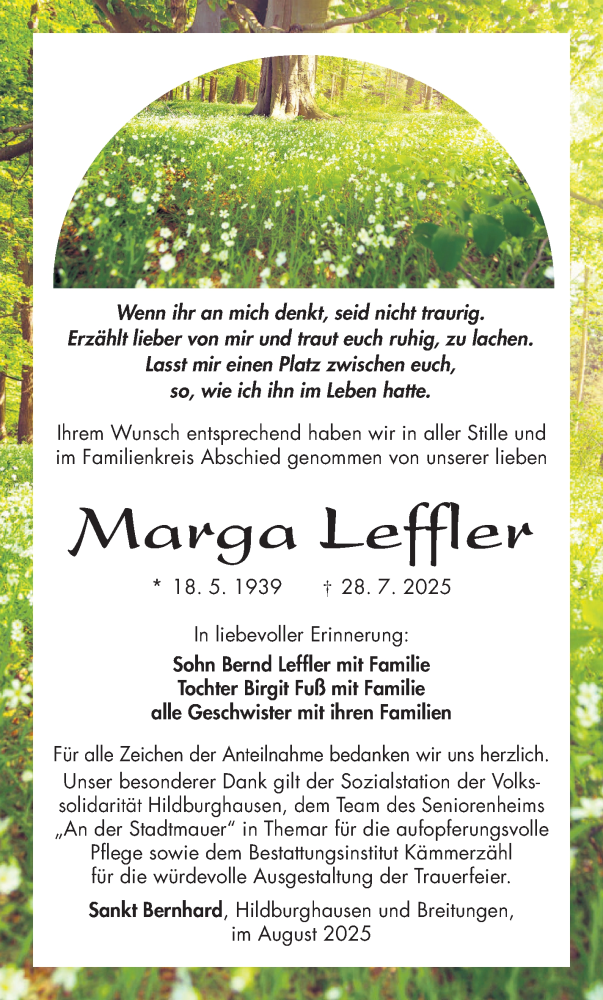  Traueranzeige für Marga Leffler vom 13.08.2025 aus Südthüringer Presse