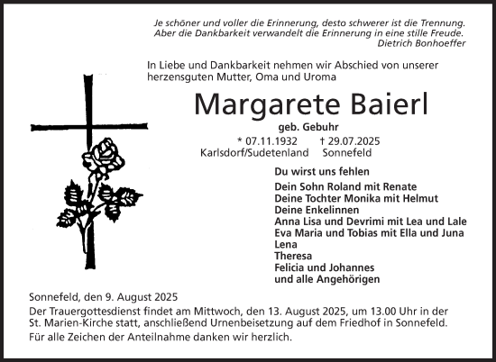 Traueranzeige von Margarete Baierl von Neue Presse Coburg