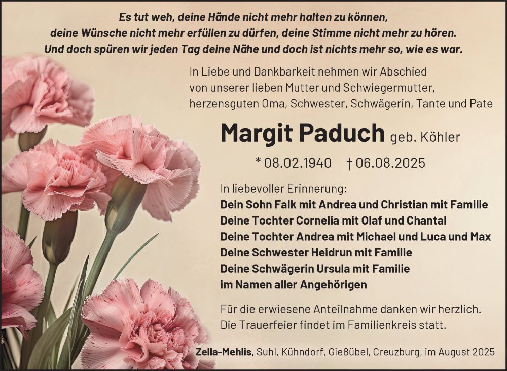 Traueranzeige für Margit Padurch vom 23.08.2025 aus Südthüringer Presse