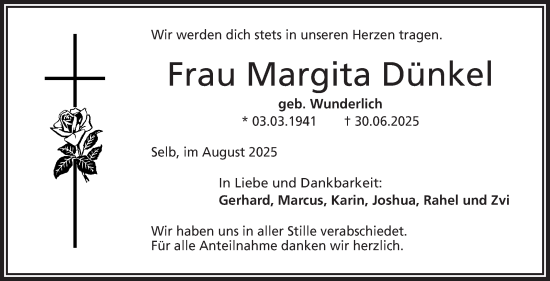 Traueranzeige von Margita Dünkel von Frankenpost