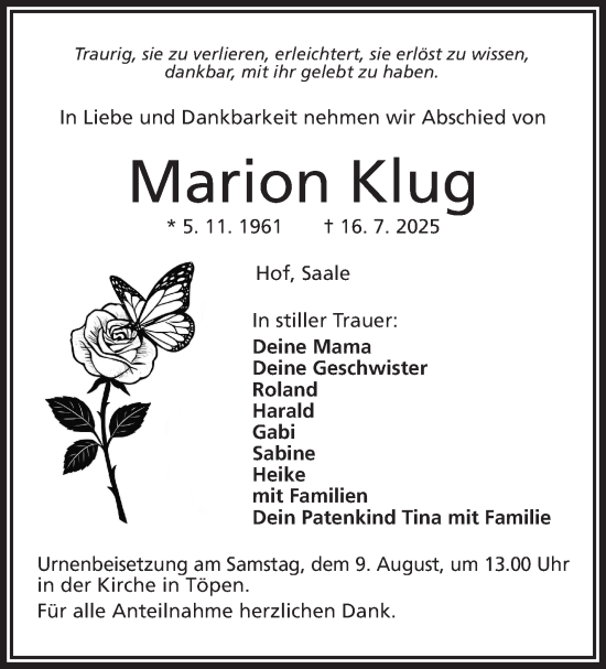 Traueranzeige von Marion Klug von Frankenpost