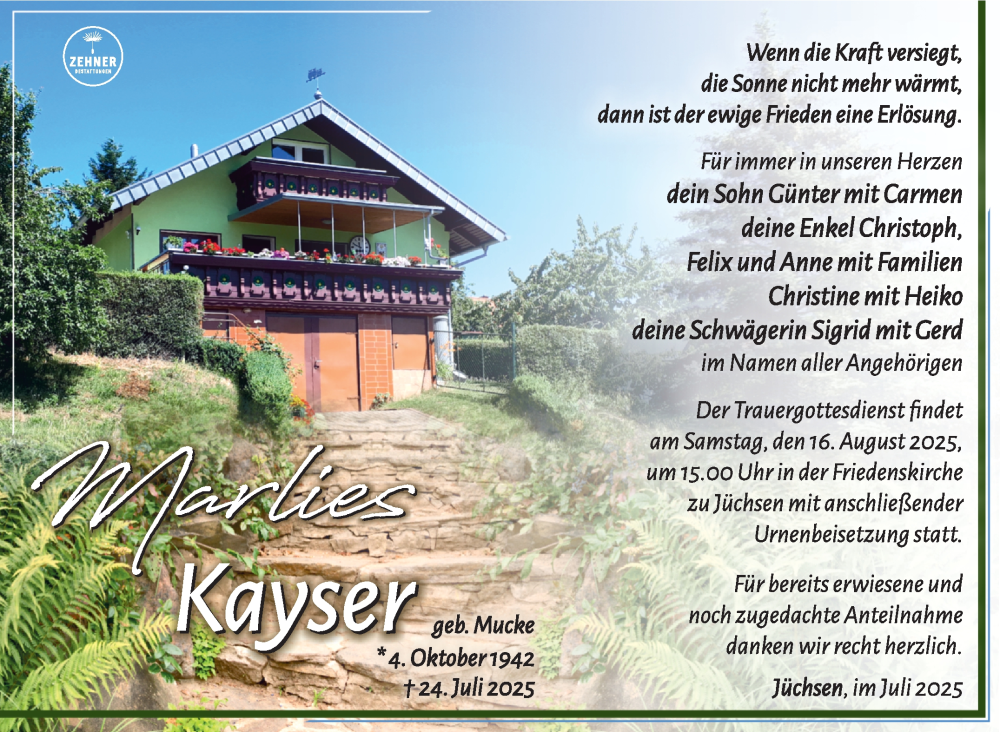  Traueranzeige für Marlies Kayser vom 09.08.2025 aus Südthüringer Presse