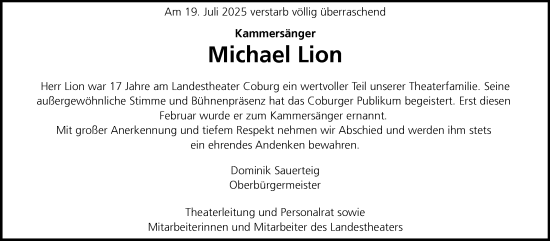 Traueranzeige von Michael Lion von Neue Presse Coburg