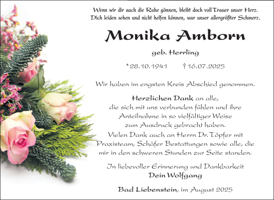 Traueranzeige von Monika Amborn von Südthüringer Presse
