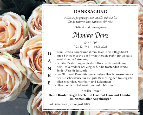 Traueranzeige von Monika Danz von Südthüringer Presse
