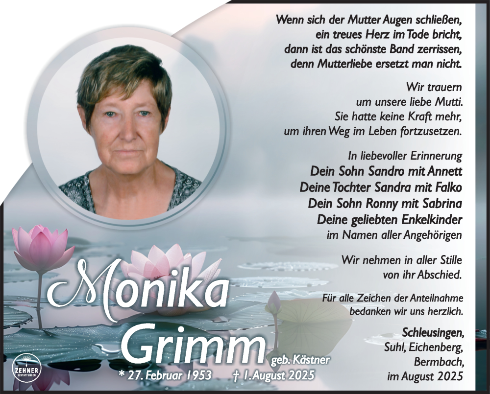  Traueranzeige für Monika Grimm vom 09.08.2025 aus Südthüringer Presse