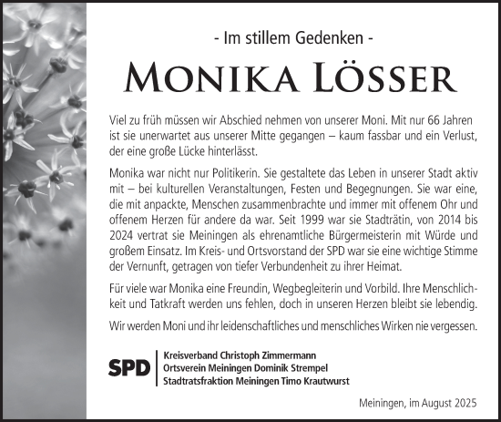 Traueranzeige von Monika Lösser von Südthüringer Presse