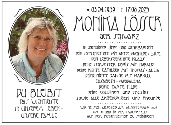 Traueranzeige von Monika Lösser von Südthüringer Presse