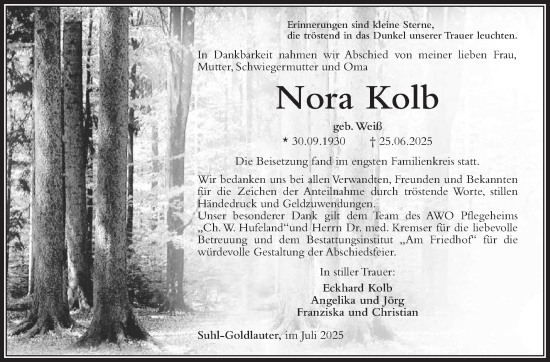 Traueranzeige von Nora Kolb von Südthüringer Presse