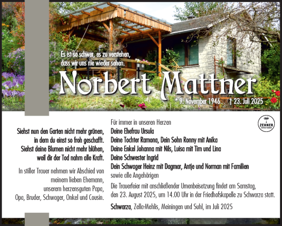 Traueranzeige von Norbert Mattner von Südthüringer Presse