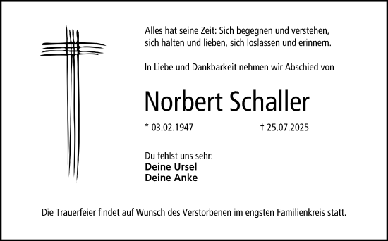 Traueranzeige von Norbert Schaller von Neue Presse Coburg