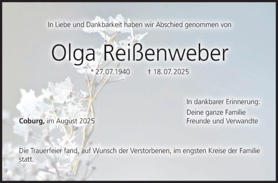 Traueranzeige von Olga Reißenweber von Neue Presse Coburg