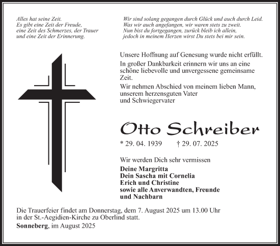 Traueranzeige von Otto Schreiber von Südthüringer Presse