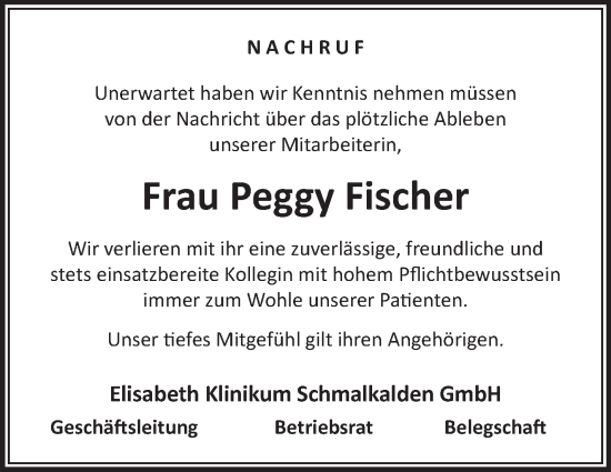 Traueranzeige von Peggy Fischer von Südthüringer Presse