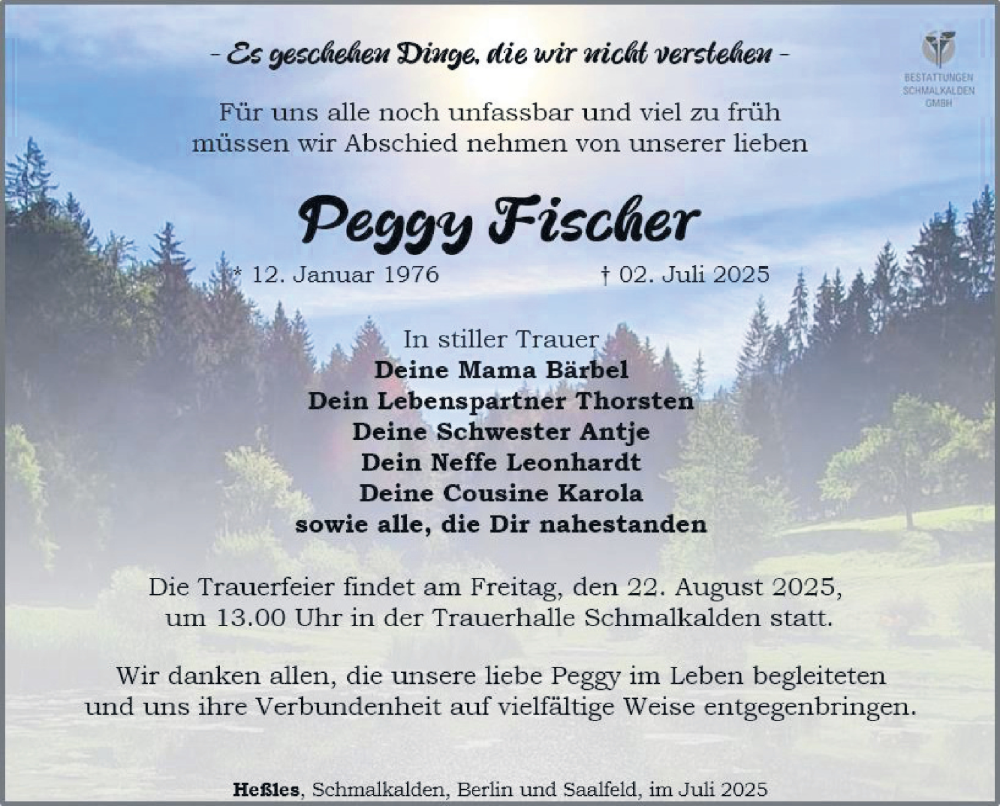  Traueranzeige für Peggy Fischer vom 16.08.2025 aus Südthüringer Presse