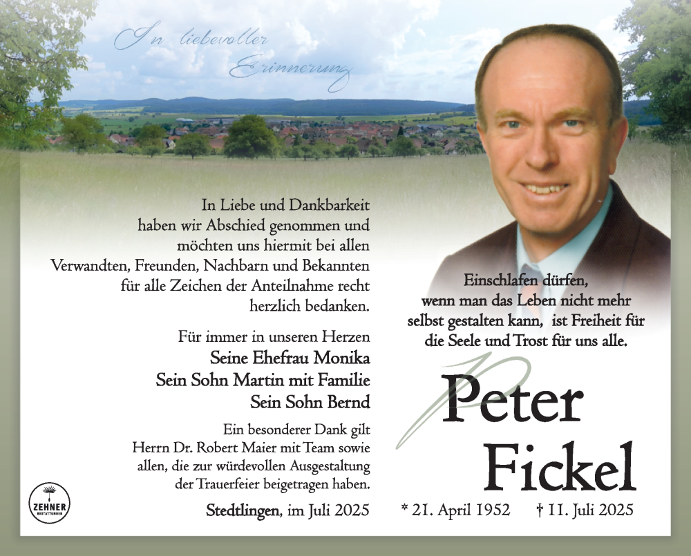  Traueranzeige für Peter Fickel vom 15.08.2025 aus Südthüringer Presse