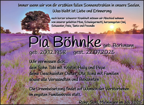 Traueranzeige von Pia Böhnke von Südthüringer Presse