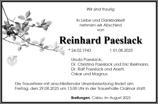 Traueranzeige von Reinhard Paeslack von Südthüringer Presse