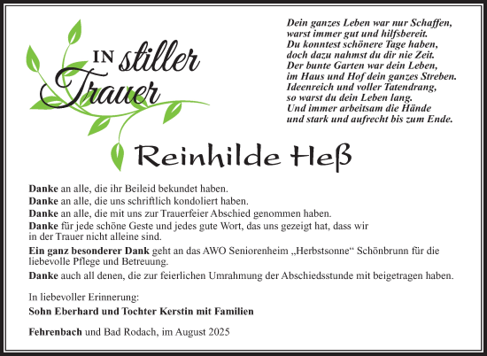 Traueranzeige von Reinhilde Heß von Südthüringer Presse