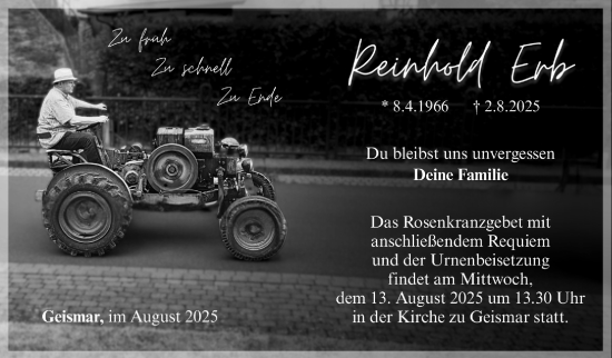 Traueranzeige von Reinhold Erb von Südthüringer Presse