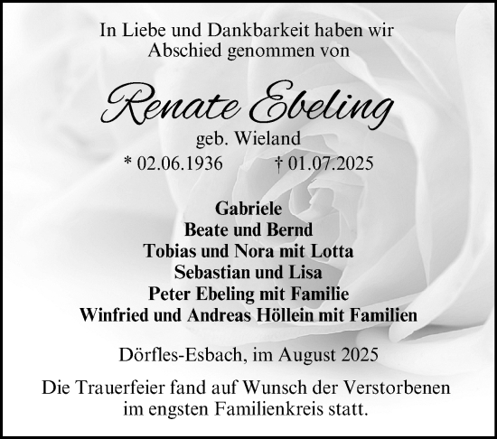 Traueranzeige von Renate Ebeling von Neue Presse Coburg