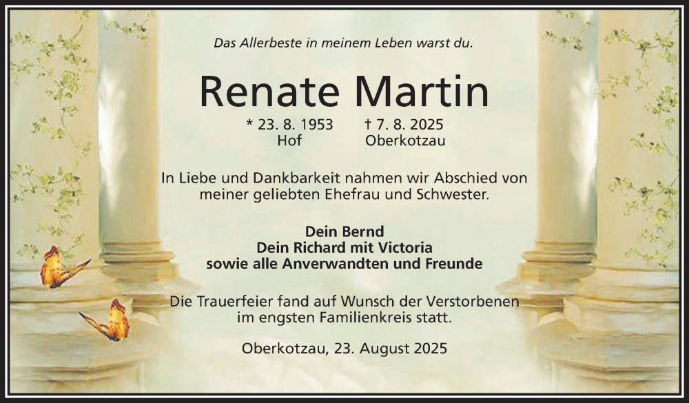  Traueranzeige für Renate Martin vom 23.08.2025 aus Frankenpost