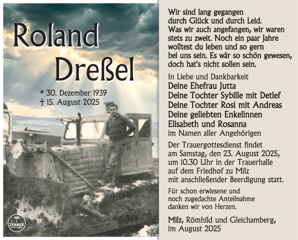  Traueranzeige für Roland Dreßel vom 20.08.2025 aus Südthüringer Presse