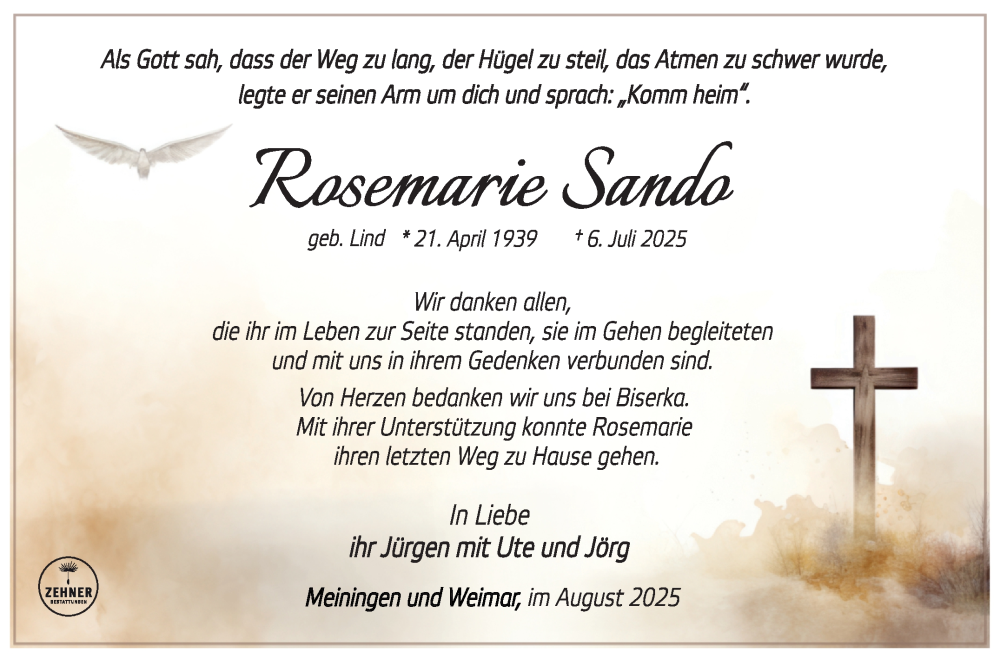  Traueranzeige für Rosemarie Sando vom 02.08.2025 aus Südthüringer Presse