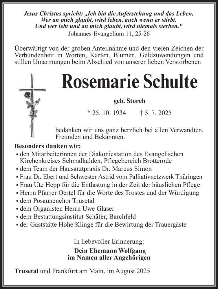  Traueranzeige für Rosemarie Schulte vom 08.08.2025 aus Südthüringer Presse