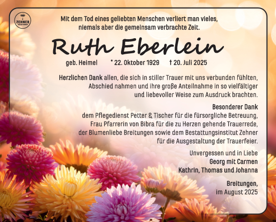 Traueranzeige von Ruth Eberlein von Südthüringer Presse