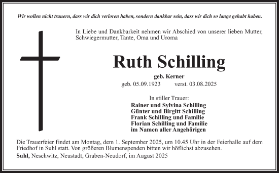 Traueranzeige von Ruth Schilling von Südthüringer Presse