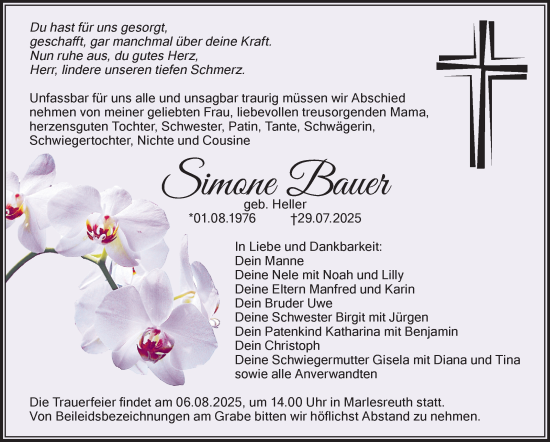 Traueranzeige von Simone Bauer von Südthüringer Presse