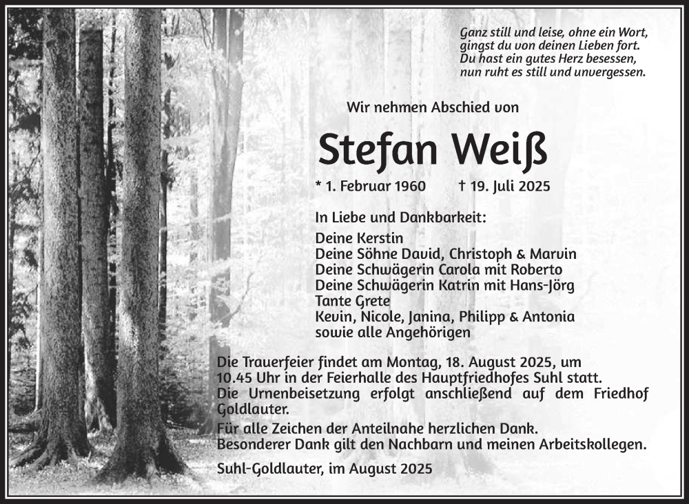  Traueranzeige für Stefan Weiß vom 09.08.2025 aus Südthüringer Presse
