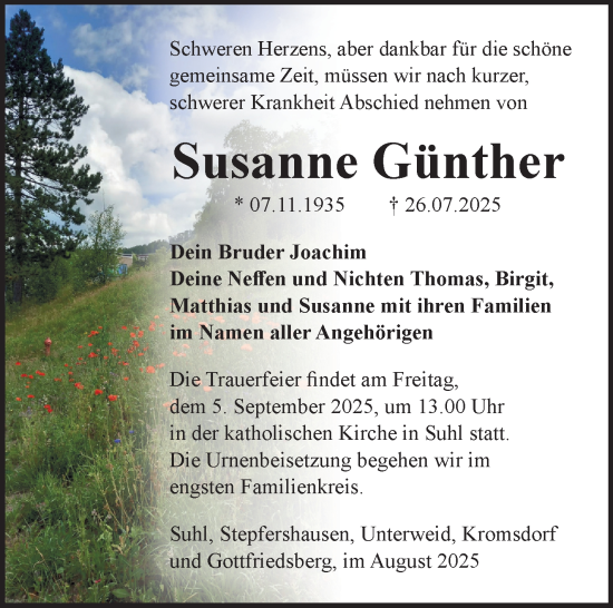 Traueranzeige von Susanne Güther von Südthüringer Presse