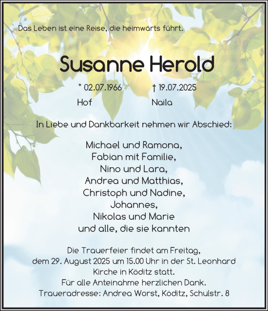 Traueranzeige von Susanne Herold von Frankenpost