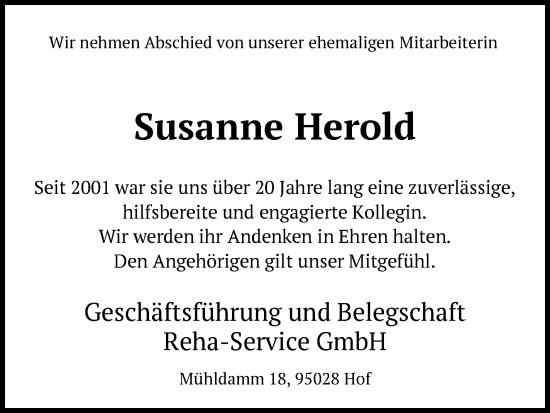 Traueranzeige von Susanne Herold von Frankenpost