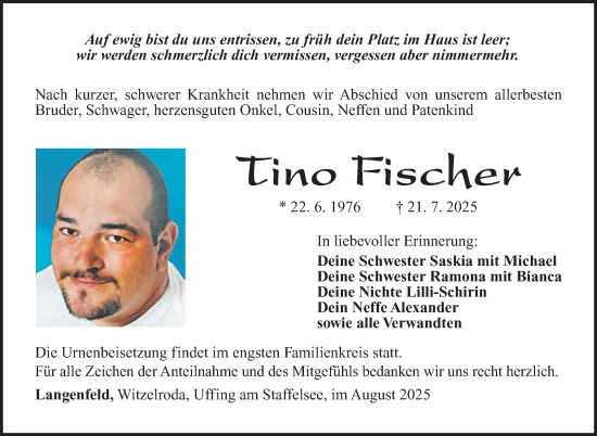Traueranzeige von Tino Fischer von Südthüringer Presse