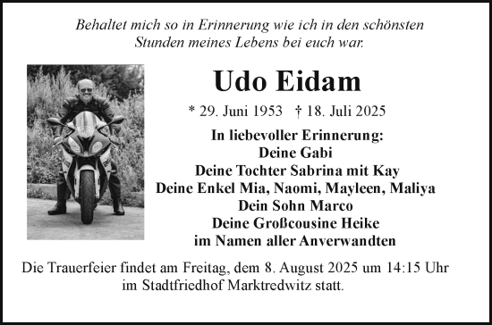 Traueranzeige von Udo Eidam von Frankenpost
