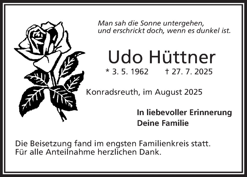  Traueranzeige für UdoUdo Hüttner vom 09.08.2025 aus Frankenpost